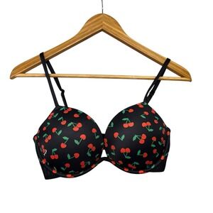 Victoria Secret PINK Women's Bra 32D Black Red Cherry Super Push Up Padded